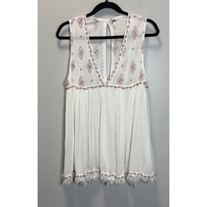 Free People Tunic Embroidered Ivory Size SP Babydoll Style Vneck See Through